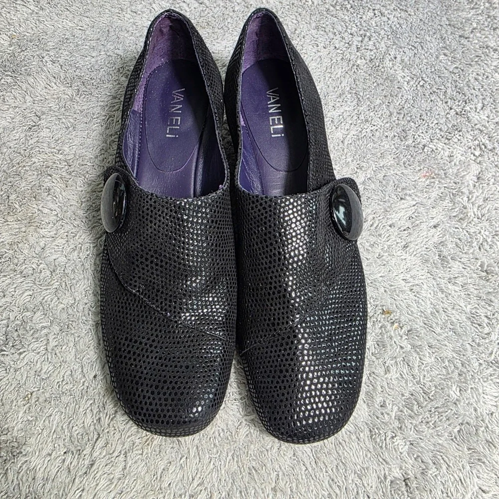 VTG Van Eli Wedge Pumps Black Textured Button‎ Square Toe Womens 6.5 S Excellent
